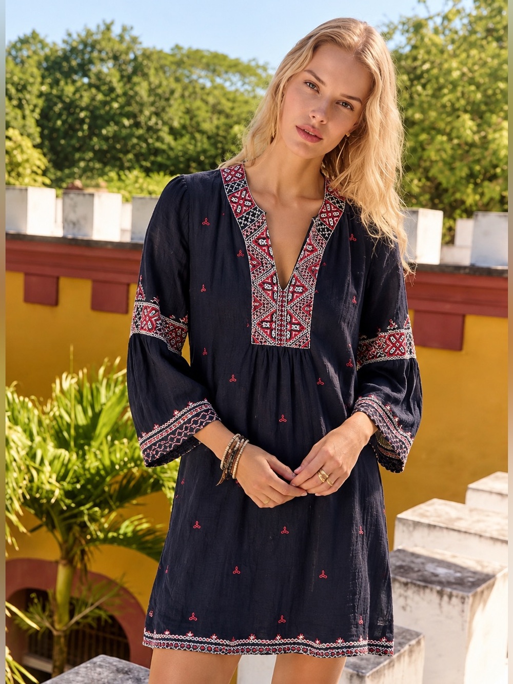 Johnny Was Ava Flare Sleeve Tunic silk blend flowy dress embroidered new XS
